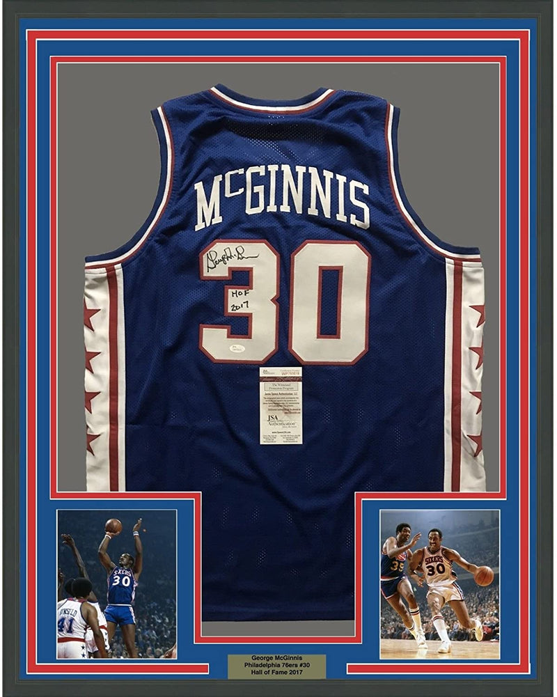 Framed Autographed/Signed George McGinnis HOF 2017  35x39 Philadelphia Blue Basketball Jersey JSA COA