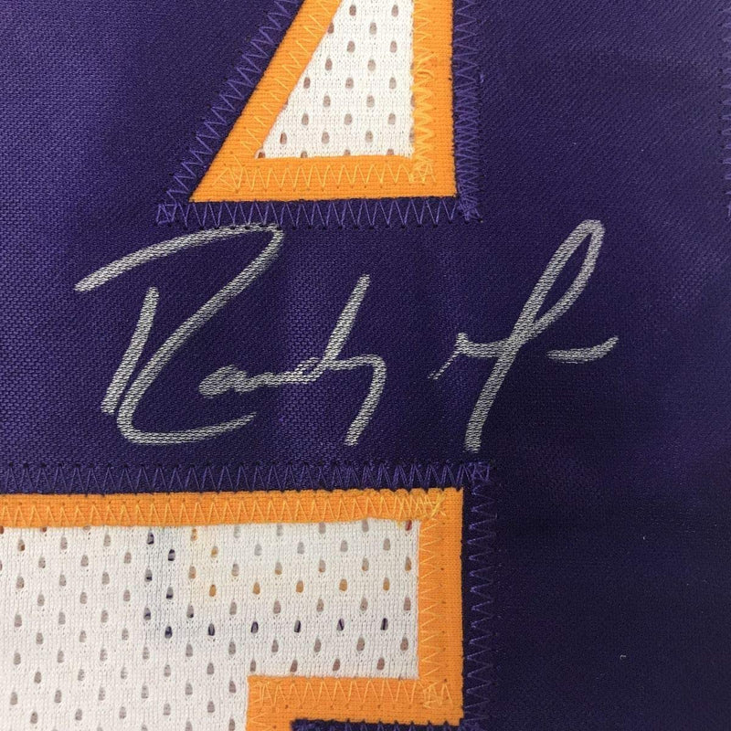 Framed Autographed/Signed Randy Moss 35x39 Minnesota White Football Jersey JSA COA