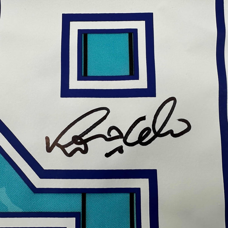 Framed Autographed/Signed Ronaldo Nazario 35x39 FC Barcelona 1996-97 Teal Soccer Jersey Beckett BAS COA