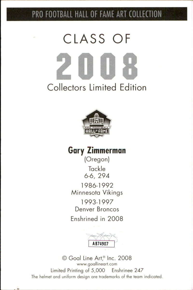 Gary Zimmerman HOF Autographed/Inscribed Goal Line Art GLAC Postcard Broncos JSA