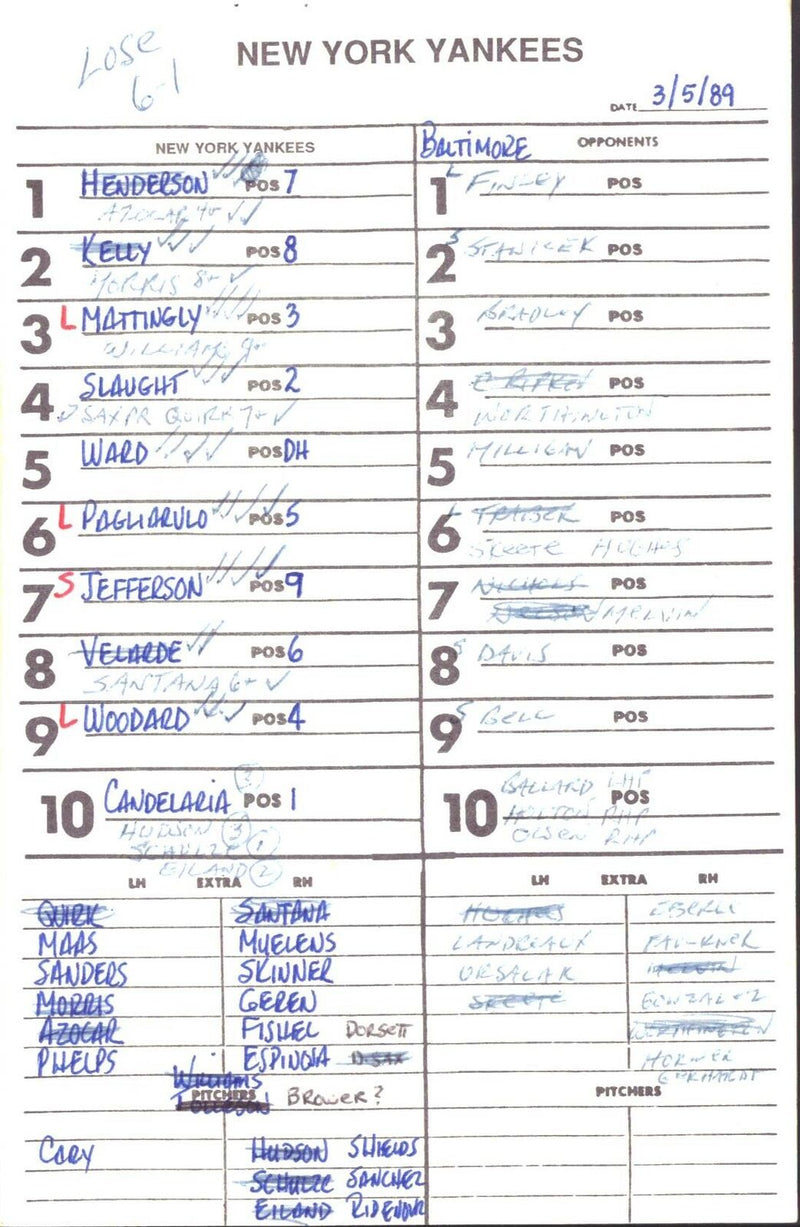 1989 New York Yankees Spring Training 5.5x8.5 Lineup Card vs Orioles 151519
