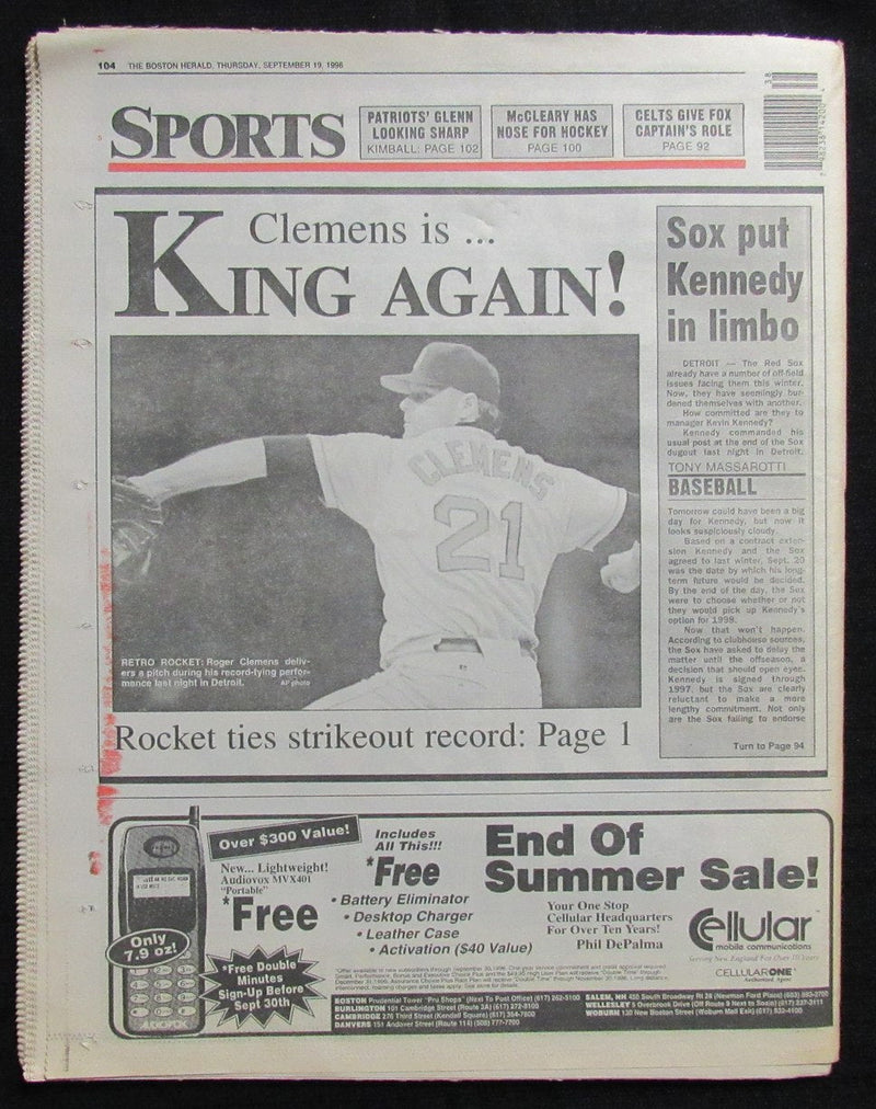 Boston Herald Newspaper Sept 19, 1996 Roger Clemens 20 Strikeouts Red Sox 190808