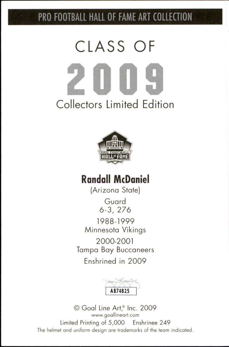 Randall McDaniel HOF Autographed/Inscr Goal Line Art GLAC Postcard Vikings JSA