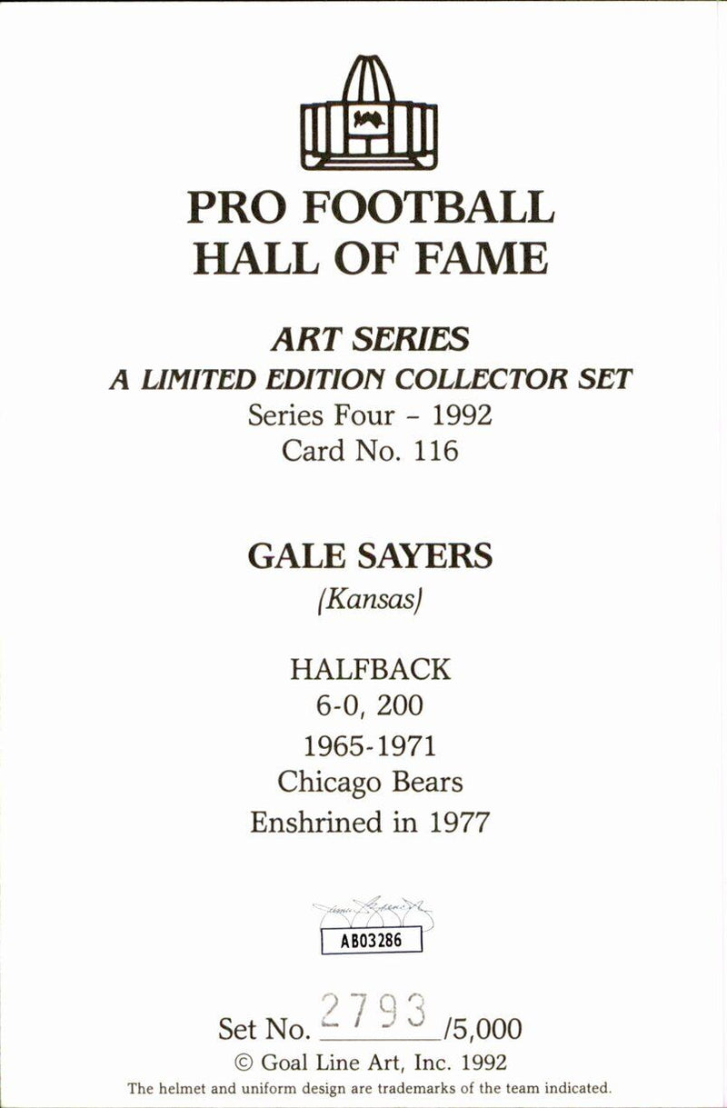 Gale Sayers HOF Bears Signed/Inscr Goal Line Art GLAC Postcard JSA 167176