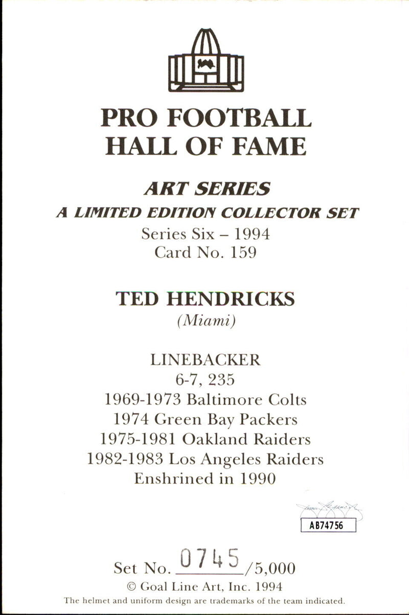 Ted Hendricks HOF Autographed Goal Line Art GLAC Postcard Oakland Raiders JSA