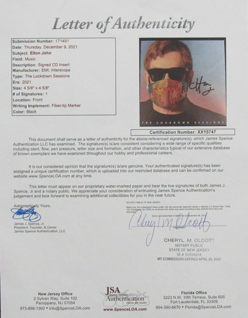 Elton John Autographed CD Cover with Photo Framed JSA 177473