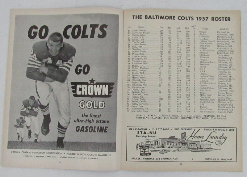 1957 Baltimore Colts vs. Chicago Bears Game Program 10/5/57 Memorial 136294