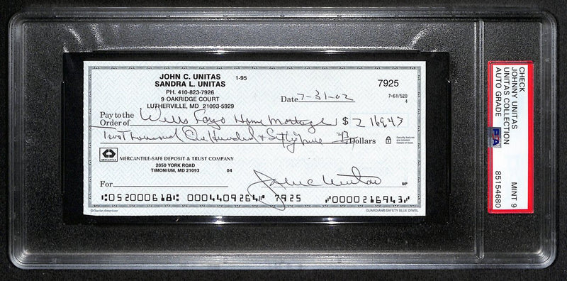 Johnny Unitas Signed 7/31/02 Check PSA/DNA MINT 9 188669