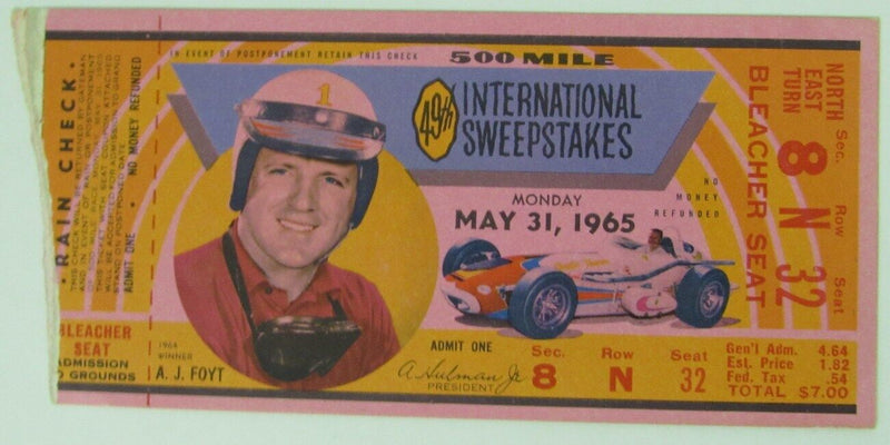 Vintage 1965 Indianapolis Indy 500 Race Ticket Stub A.J. Foyt