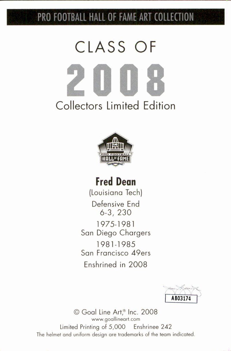 Fred Dean HOF 49ers Signed/Inscribed Goal Line Art GLAC Postcard JSA 167058