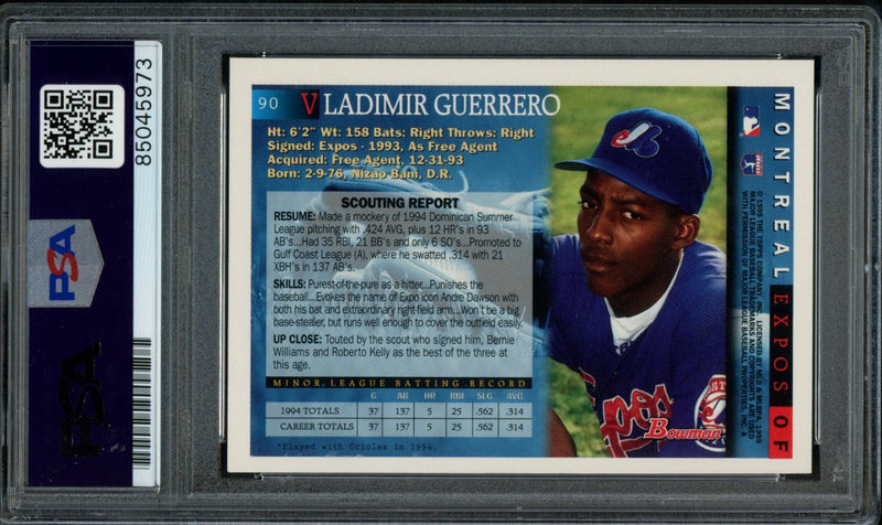 Vladimir Guerrero Montreal Expos Autographed 1995 Bowman Rookie Card #90 PSA/DNA