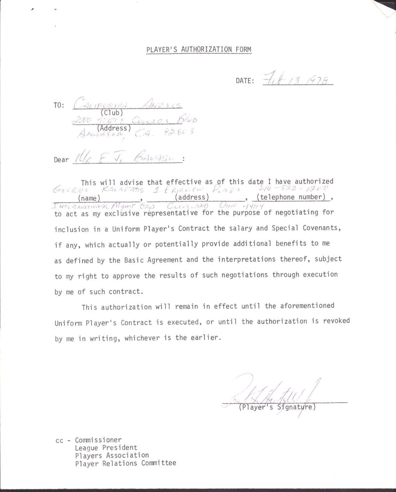 Paul Hartzell California Angels Signed 1978 Player's Authorization Form 151591