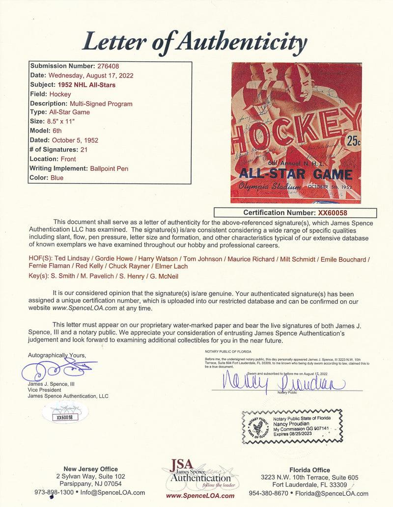 October 5, 1952 NHL All-Star Game Program Multi-Signed by 21 Players JSA 190764