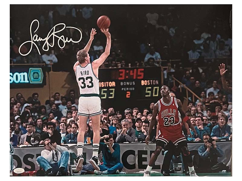Larry Bird Autographed Boston Celtics 16x20 Photo With Michael Jordan JSA