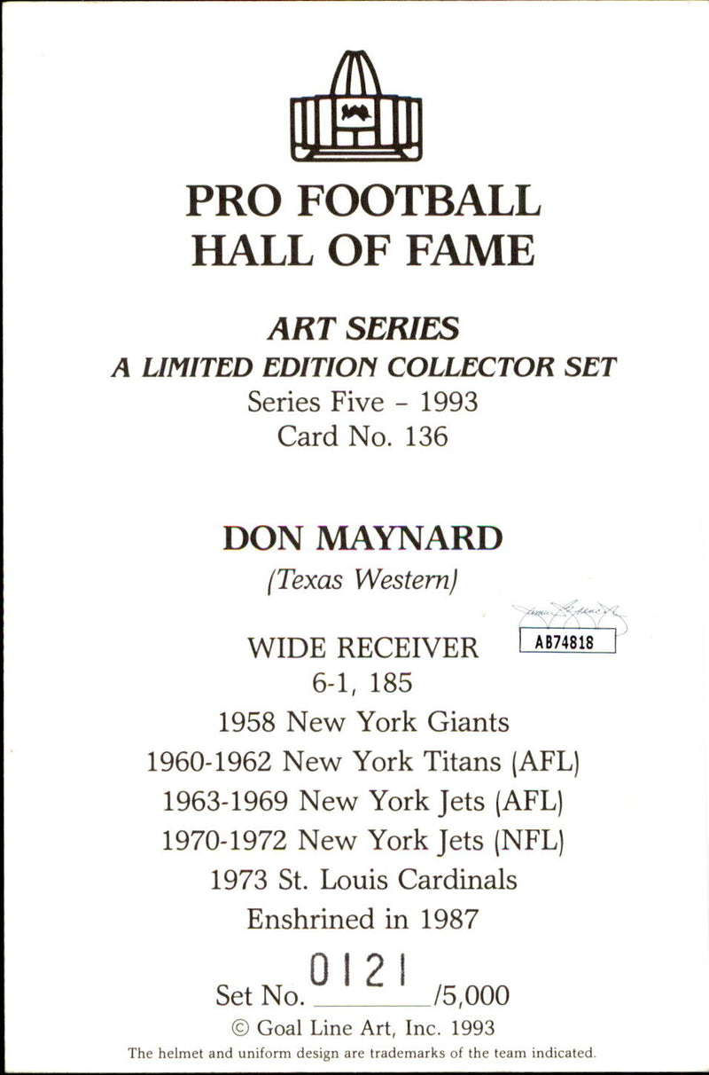 Don Maynard HOF Autographed Goal Line Art GLAC Postcard New York Jets JSA