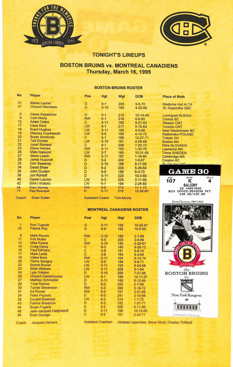 March 16 1995 Boston Bruins vs Montreal Canadiens Game Program 181789