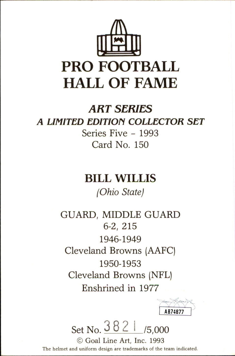 Bill Willis HOF Autographed/Inscribed Goal Line Art GLAC Postcard Browns JSA