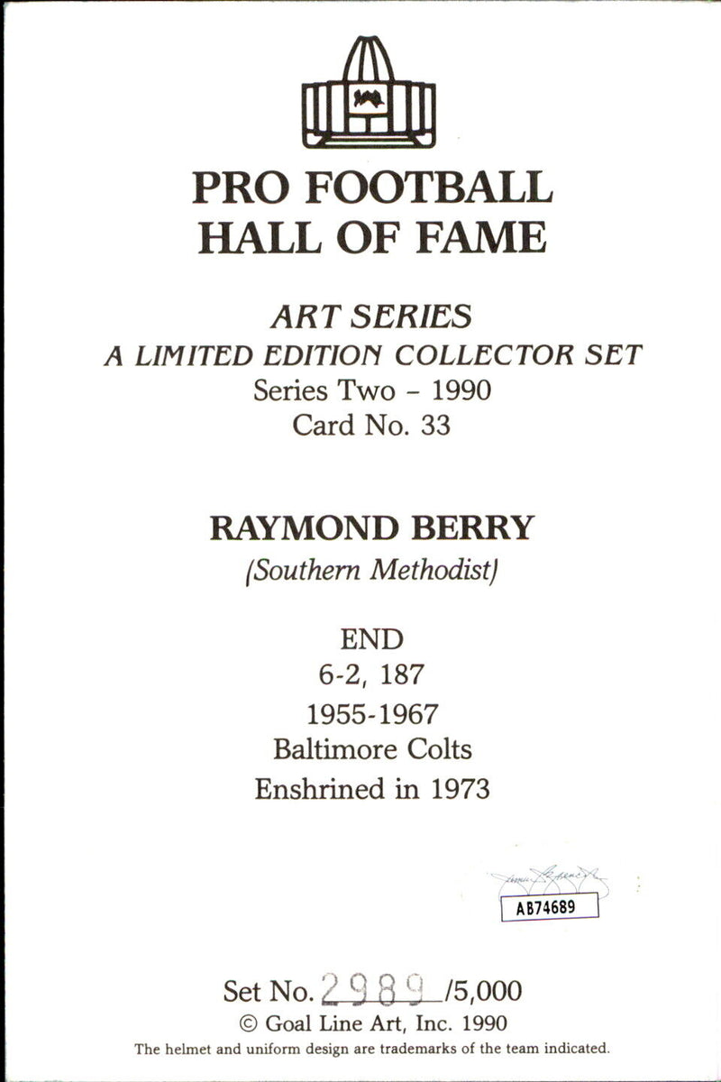 Raymond Berry HOF Autographed Goal Line Art GLAC Postcard Baltimore Colts JSA