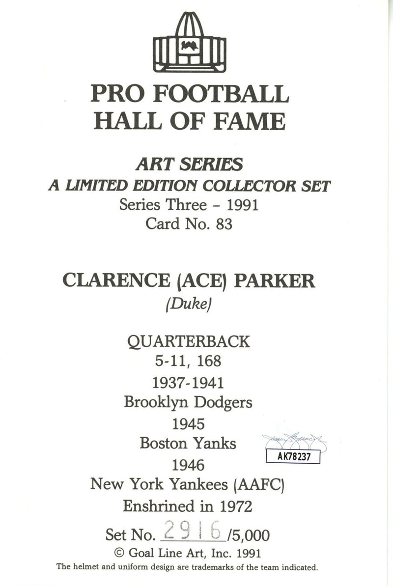 Clarence Parker HOF Autographed Goal Line Art GLAC Postcard Dodgers JSA 180897