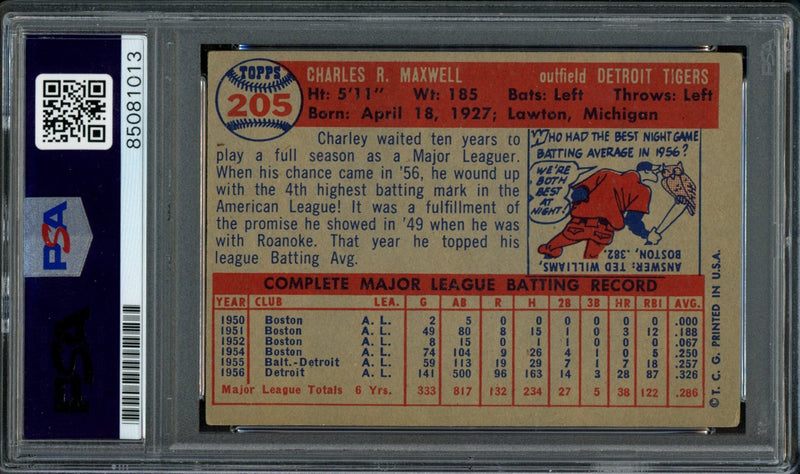 Charley Maxwell Signed 1957 Topps Card #205 Detroit Tigers PSA/DNA 184197