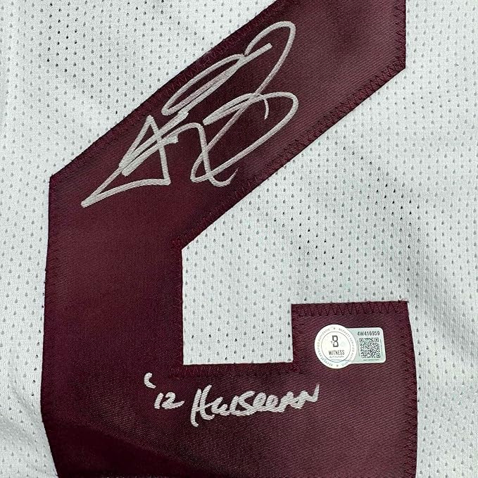 Framed Autographed/Signed Johnny Manziel 12 Heisman 35x39 Texas A&M White College Football Jersey JSA COA