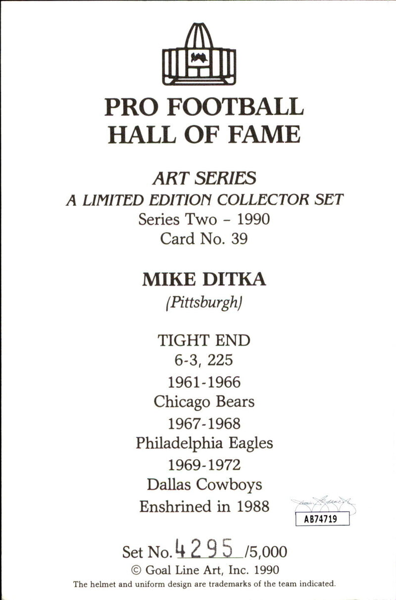 Mike Ditka HOF Autographed Goal Line Art GLAC Postcard Chicago Bears JSA