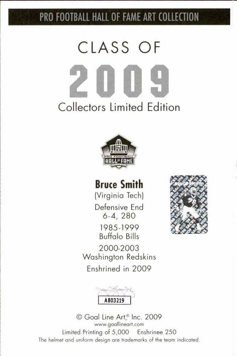 Bruce Smith HOF Bills Signed/Inscr Goal Line Art GLAC Postcard JSA 167106