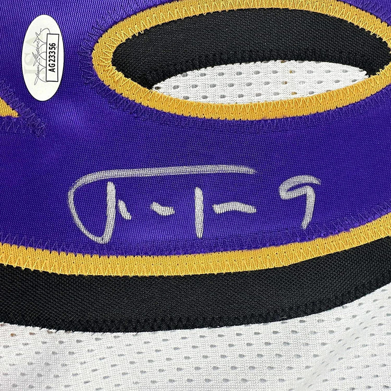Framed Autographed/Signed Justin Tucker 35x39 Baltimore White Football Jersey JSA COA