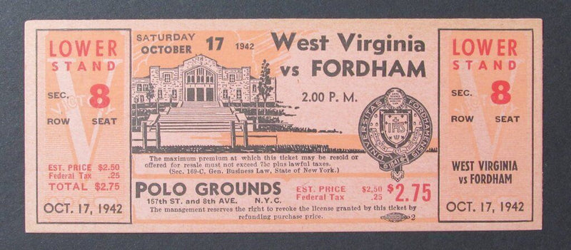 1942 West Virginia Mountaineers vs. Fordham  Proof Ticket 10/17/42 Polo Grounds