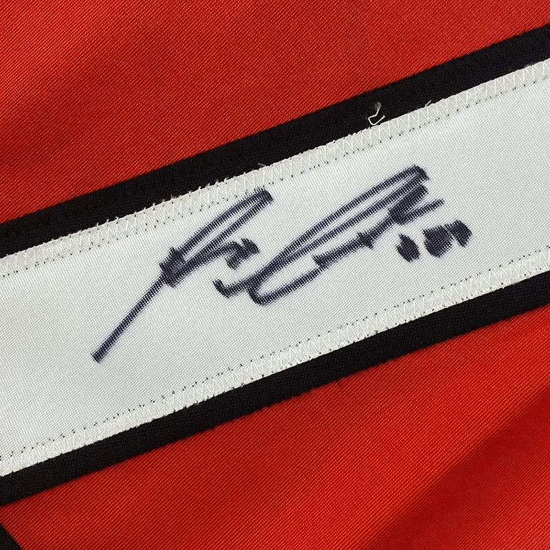 Framed Autographed/Signed Reggie Leach 35x39 Philadelphia Orange Hockey Jersey JSA COA