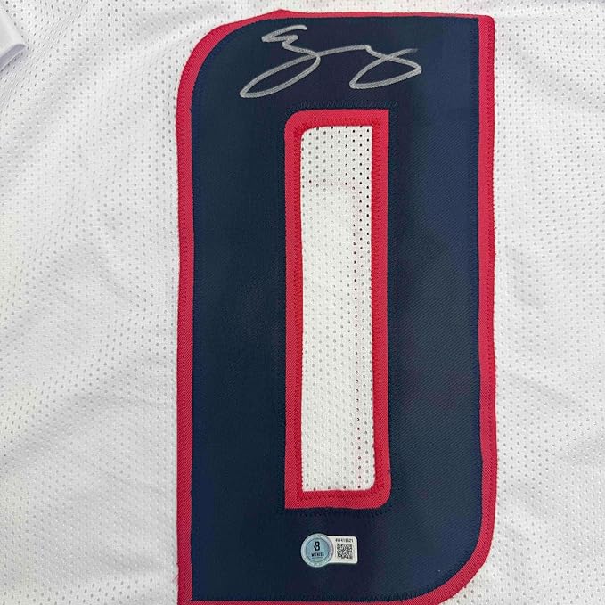Framed Autographed/Signed Azeez Al Shaair 35x39 Houston White Football Jersey Beckett BAS COA