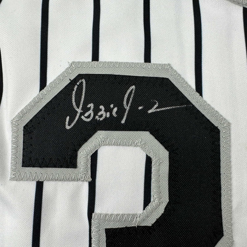 Framed Autographed/Signed Ozzie Guillen 35x39 Chicago Pinstripe Baseball Jersey JSA COA