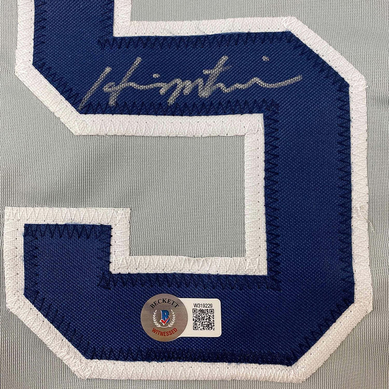Framed Autographed/Signed Hideki Matsui 35x39 New York Grey Baseball Jersey Beckett BAS COA