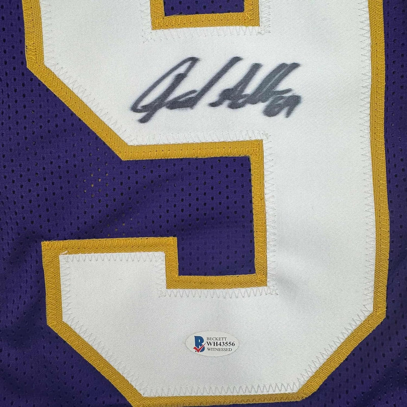 Framed Autographed/Signed Jared Allen 35x39 Minnesota Purple Football Jersey Beckett BAS COA