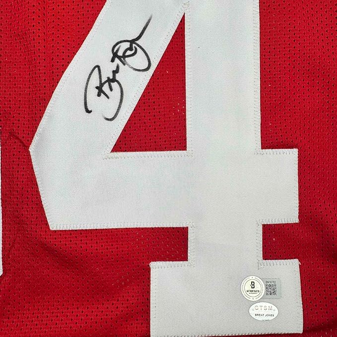 Framed Autographed/Signed Brent Jones 35x39 San Francisco Red Football Jersey Beckett BAS COA