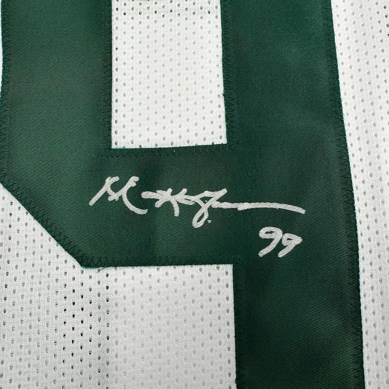 Framed Autographed/Signed Mark Gastineau 35x39 New York White Football Jersey JSA COA