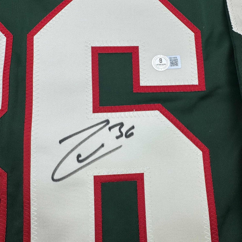 Framed Autographed/Signed Mats Zuccarello 35x39 Minnesota Green Hockey Jersey Beckett BAS COA