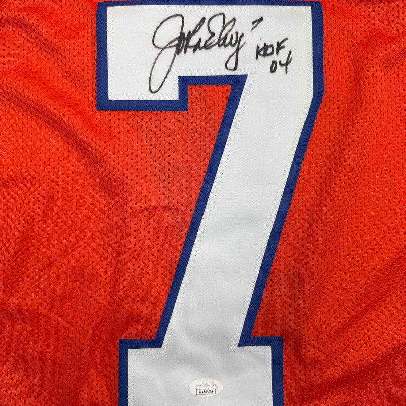 Framed Autographed/Signed John Elway 35x39 Denver Orange Retro Football Jersey JSA COA