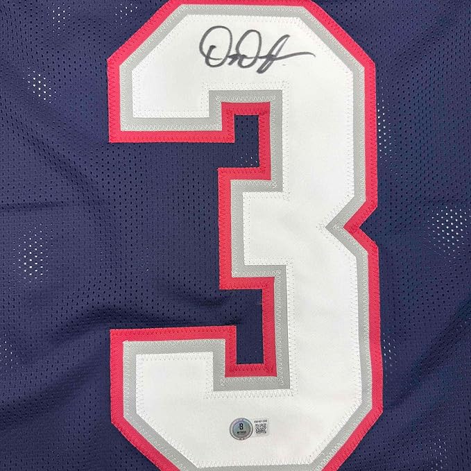 Framed Autographed/Signed DeMario Douglas 35x39 New England Blue Football Jersey Beckett BAS COA