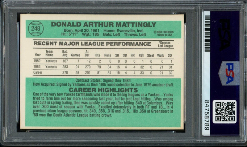 1984 DONRUSS Don Mattingly #248 Authentic Card Signed New York Yankees PSA/DNA