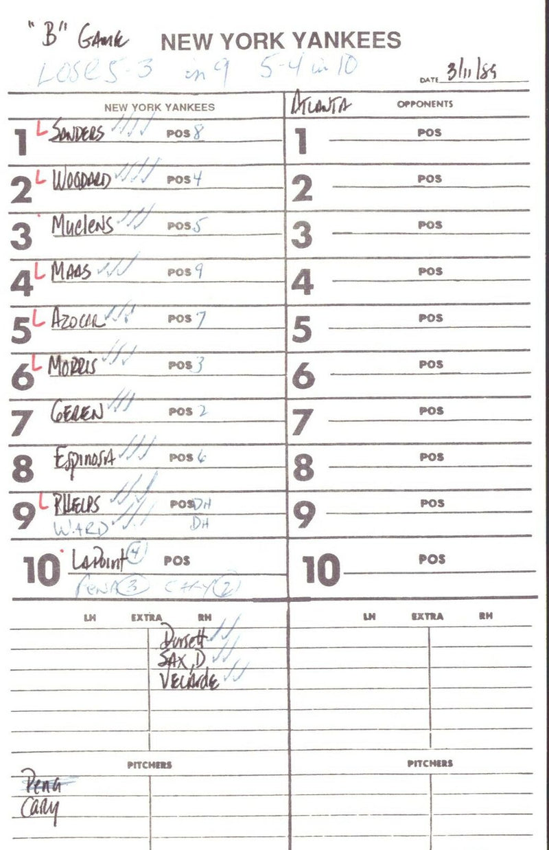 1989 New York Yankees Spring Training 5.5x8.5 Lineup Card vs. Braves 151539