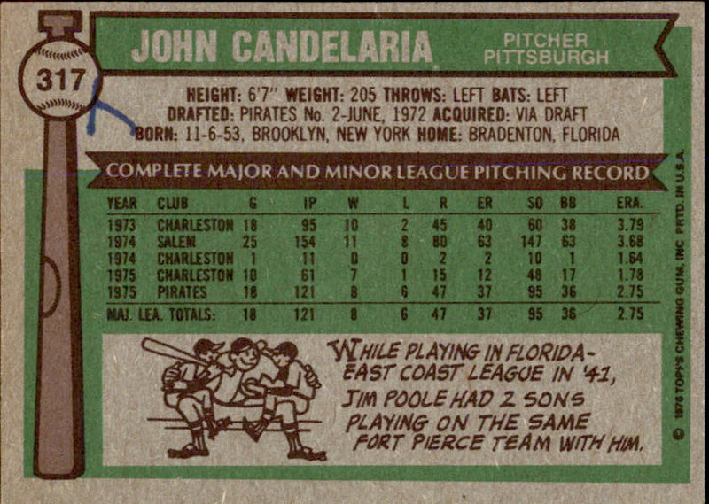 John Candelaria Autographed 1976 TOPPS Card #317 Pittsburgh Pirates 183454