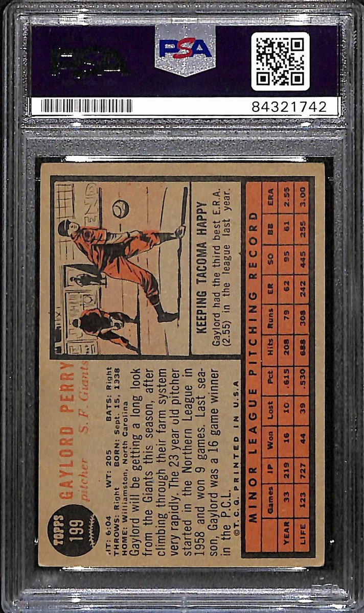 Gaylord Perry HOF Giants Signed/Auto 1962 Topps Rookie Card #199 PSA/DNA 193407