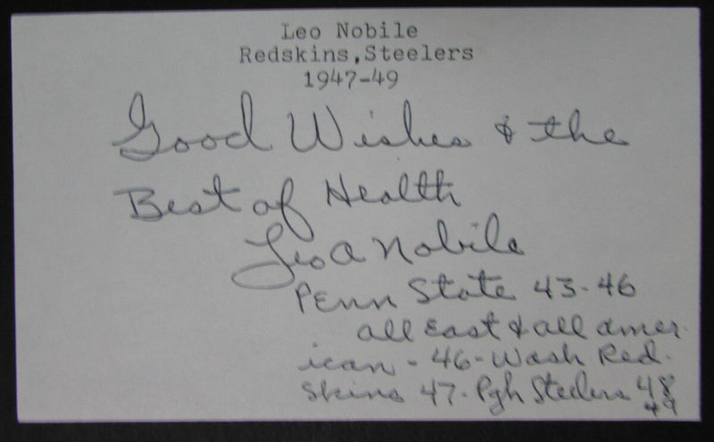 Leo Nobile Penn State Nittany Lions/Redskins/Steelers Signed 3x5 Card 145406