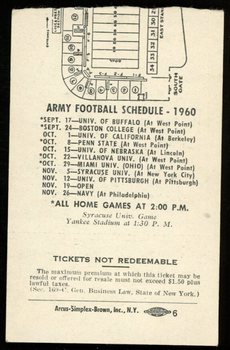 October 22, 1960 Villanova vs. Army College Football Game Ticket Stub