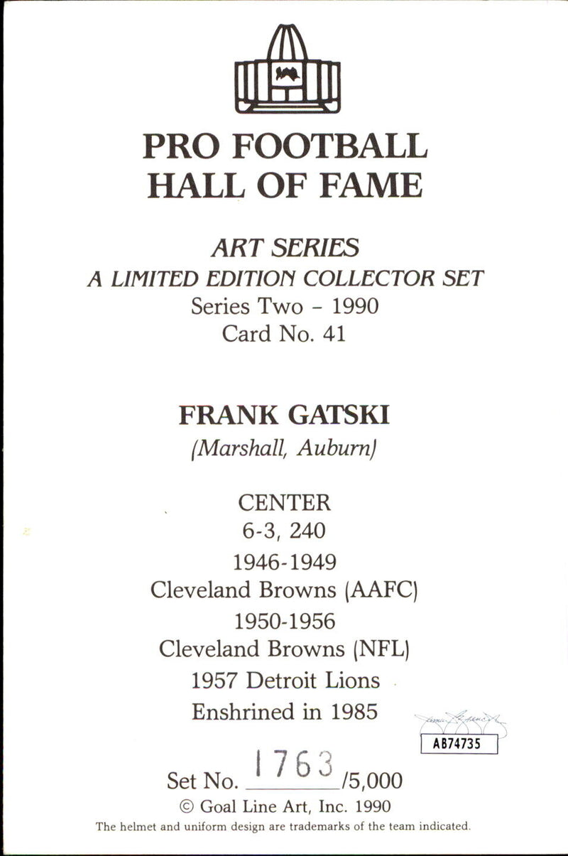 Frank Gatski HOF Autographed/Inscribed Goal Line Art GLAC Postcard Browns JSA