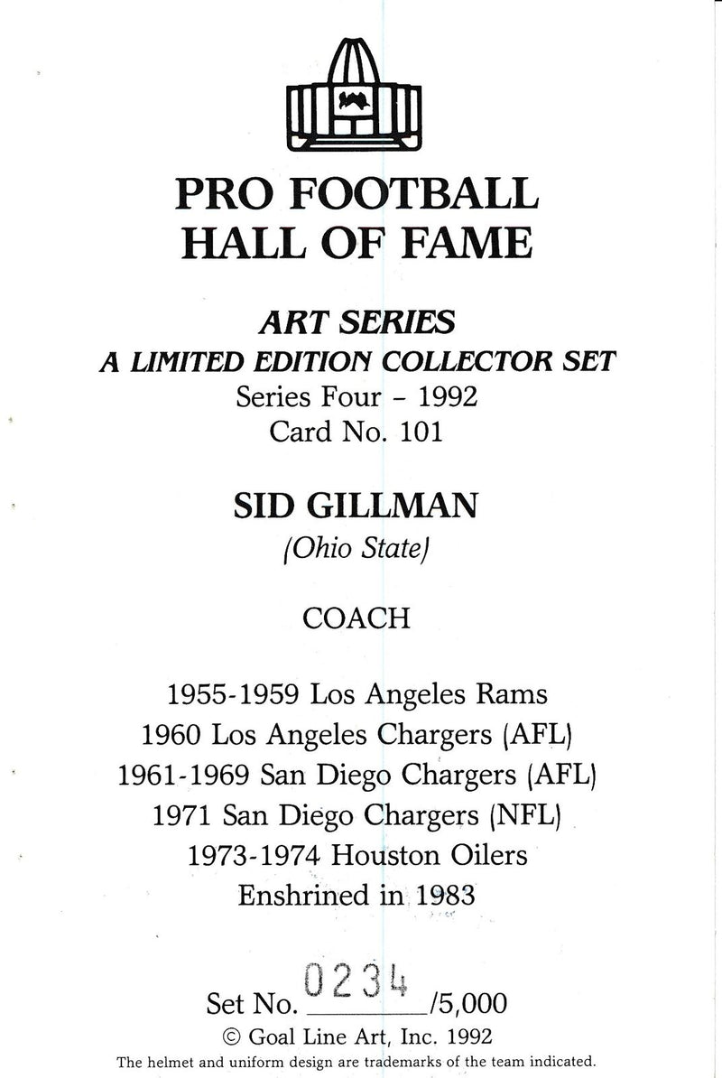 Sid Gillman HOF Goal Line Art GLAC Postcard San Diego Chargers JSA