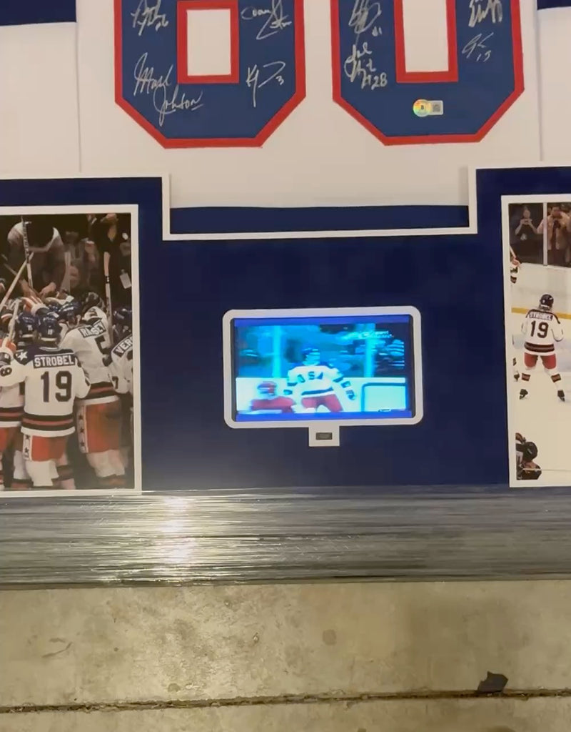 Miracle On Ice 18-Autograph Signed 34x42 Lighted Framed Jersey W Playable Video TV Beckett