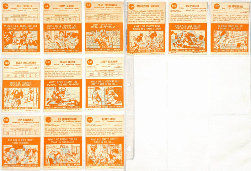1963 Topps Football Vikings Complete Team Set (12/12) Cards Tarkenton 189253