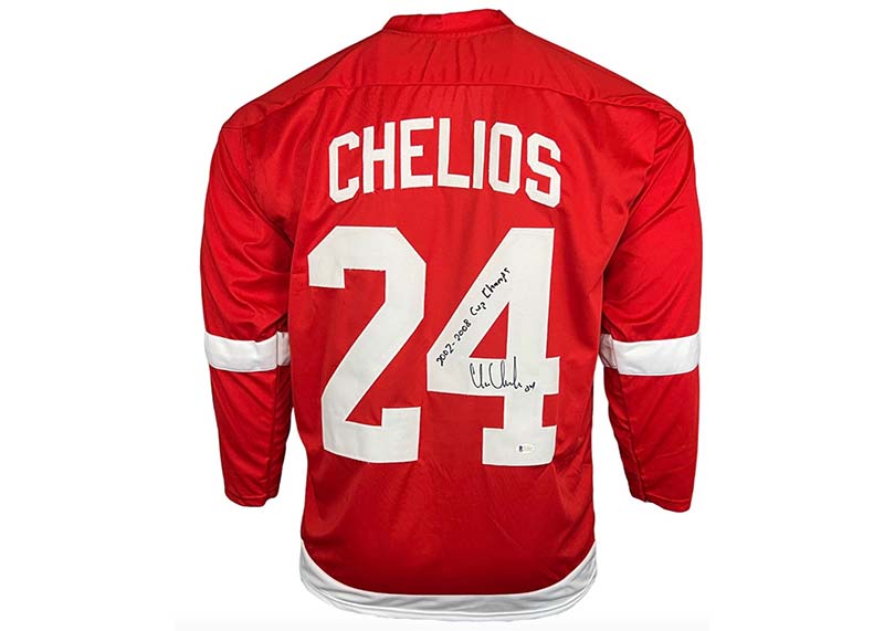 Chris Chelios Autographed Custom Red Hockey Jersey Blackett 2002-2008 Cup Champ Inscription